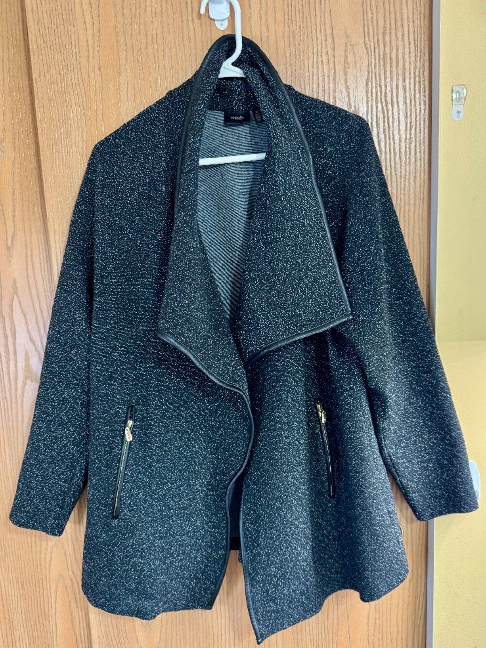 Rafaella blk tweed open front drape jacket shawl collar faux leather pipping 2X